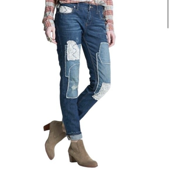 Free People Women’s Patchwork Crochet Haynes jeans size 30. EUC - Picture 2 of 12